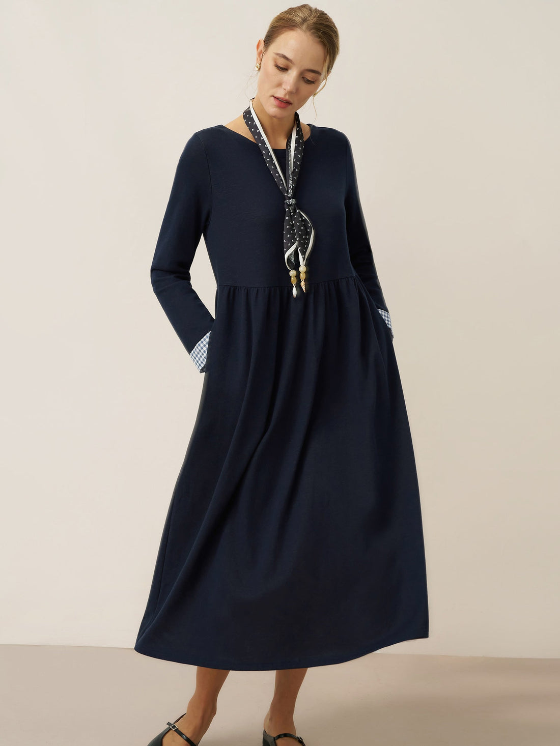 95% Cotton Ruched Long Sleeve Midi Dress