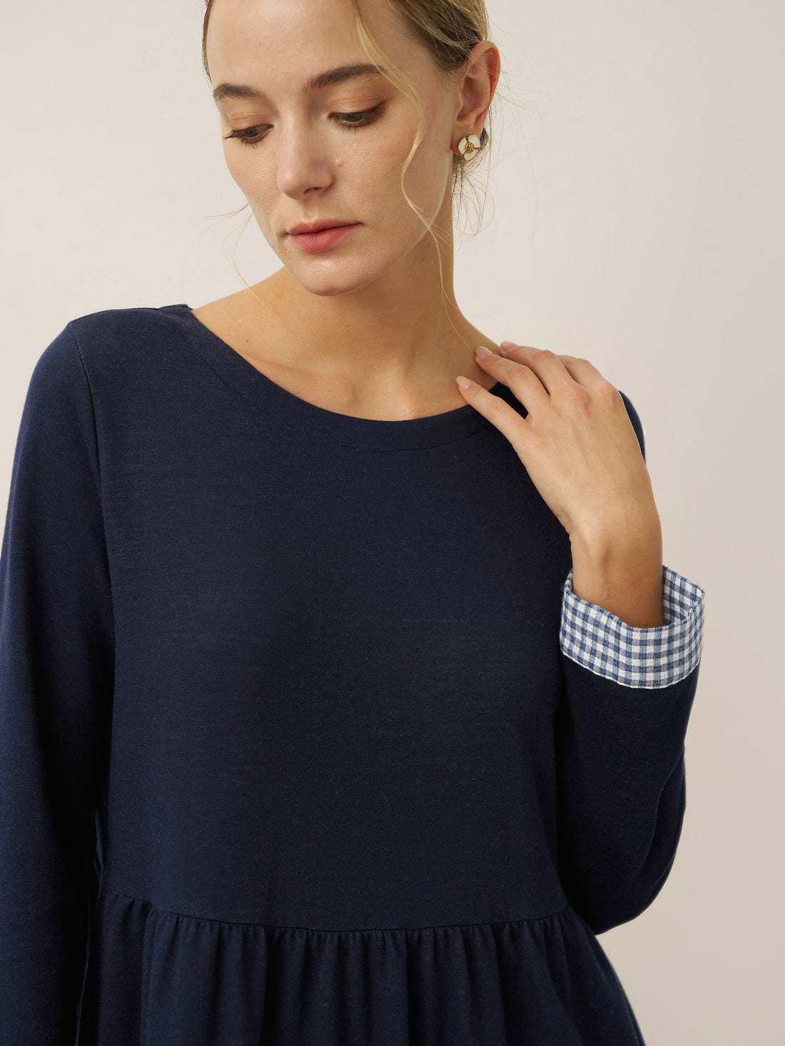 95% Cotton Ruched Long Sleeve Midi Dress