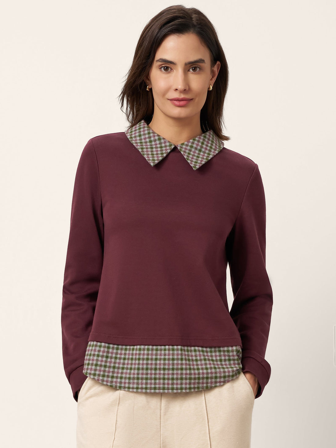 95% Cotton Checked Long Sleeve Jersey Top
