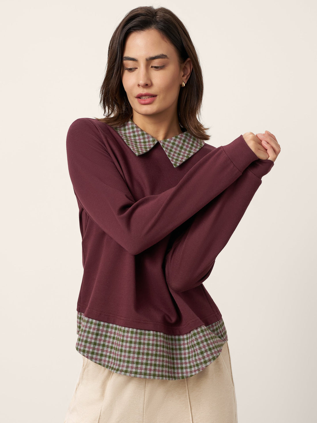 95% Cotton Checked Long Sleeve Jersey Top