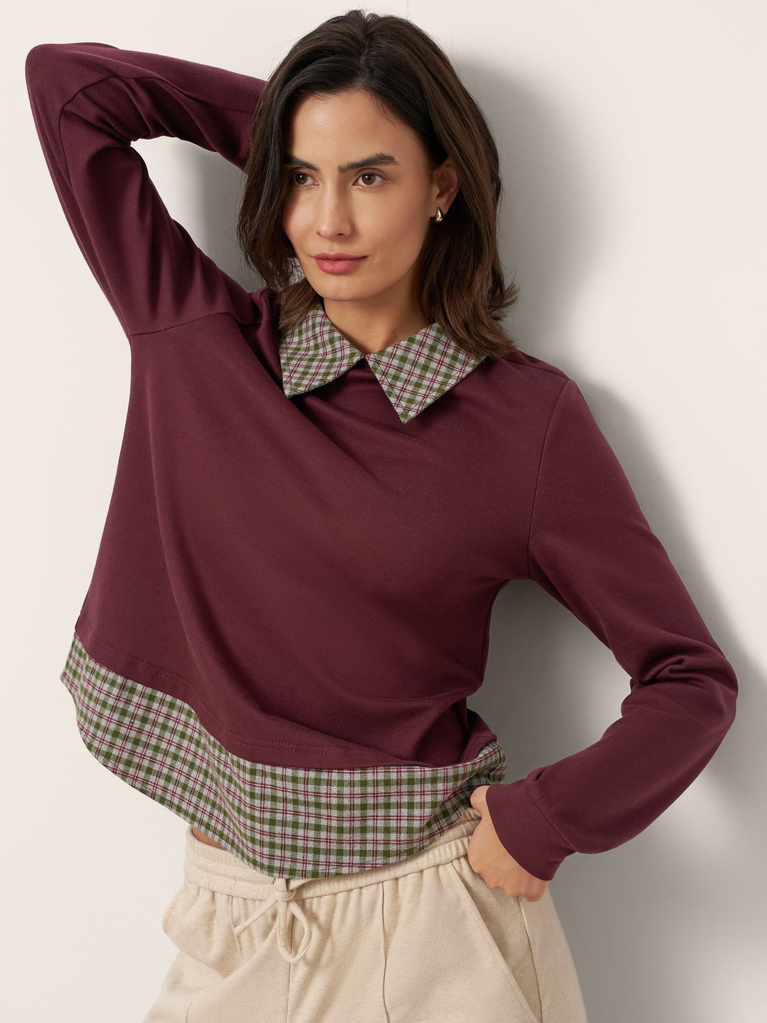 95% Cotton Checked Long Sleeve Jersey Top