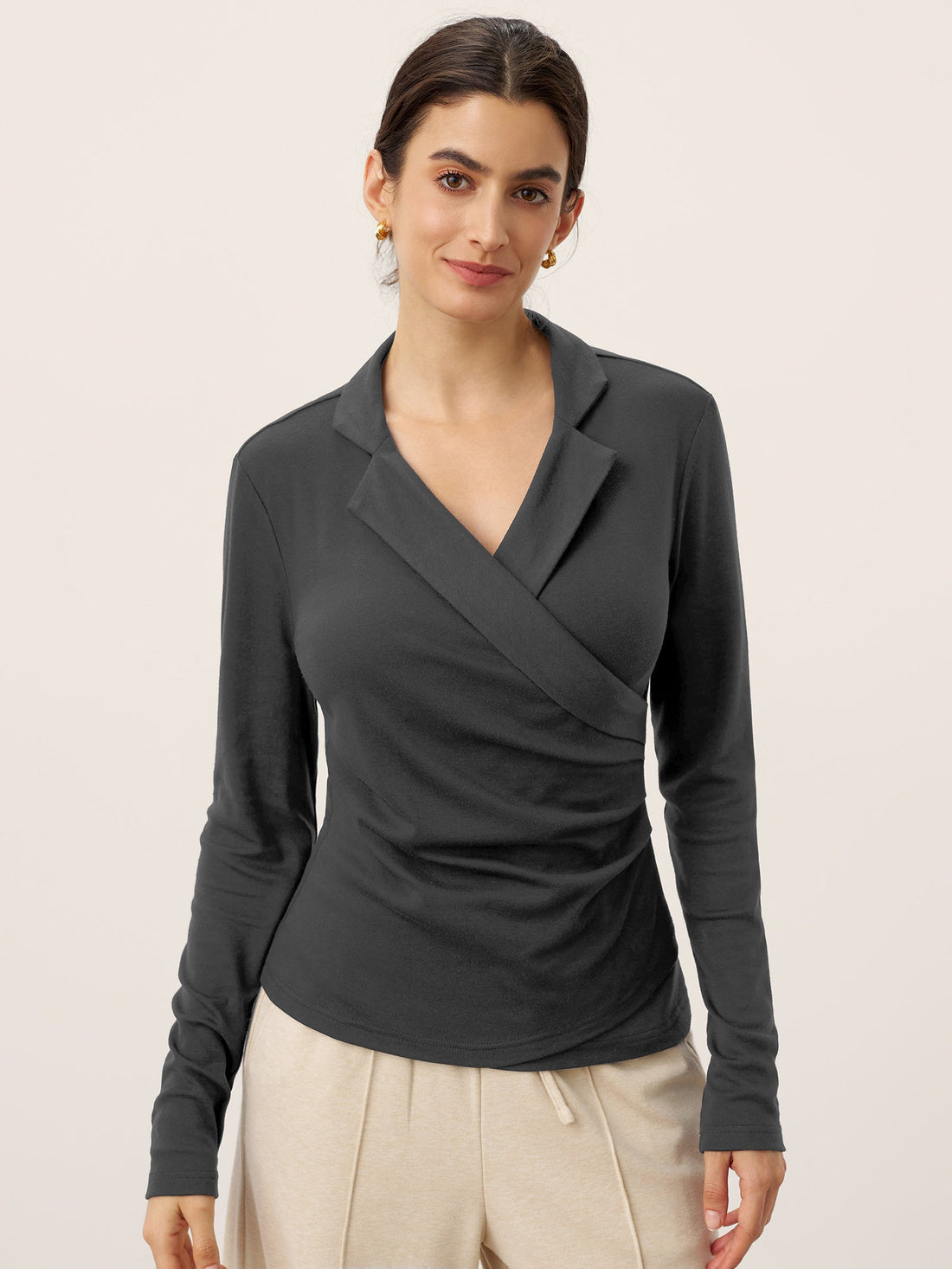 Wool Blend Pleated Stand Collar Jersey Top