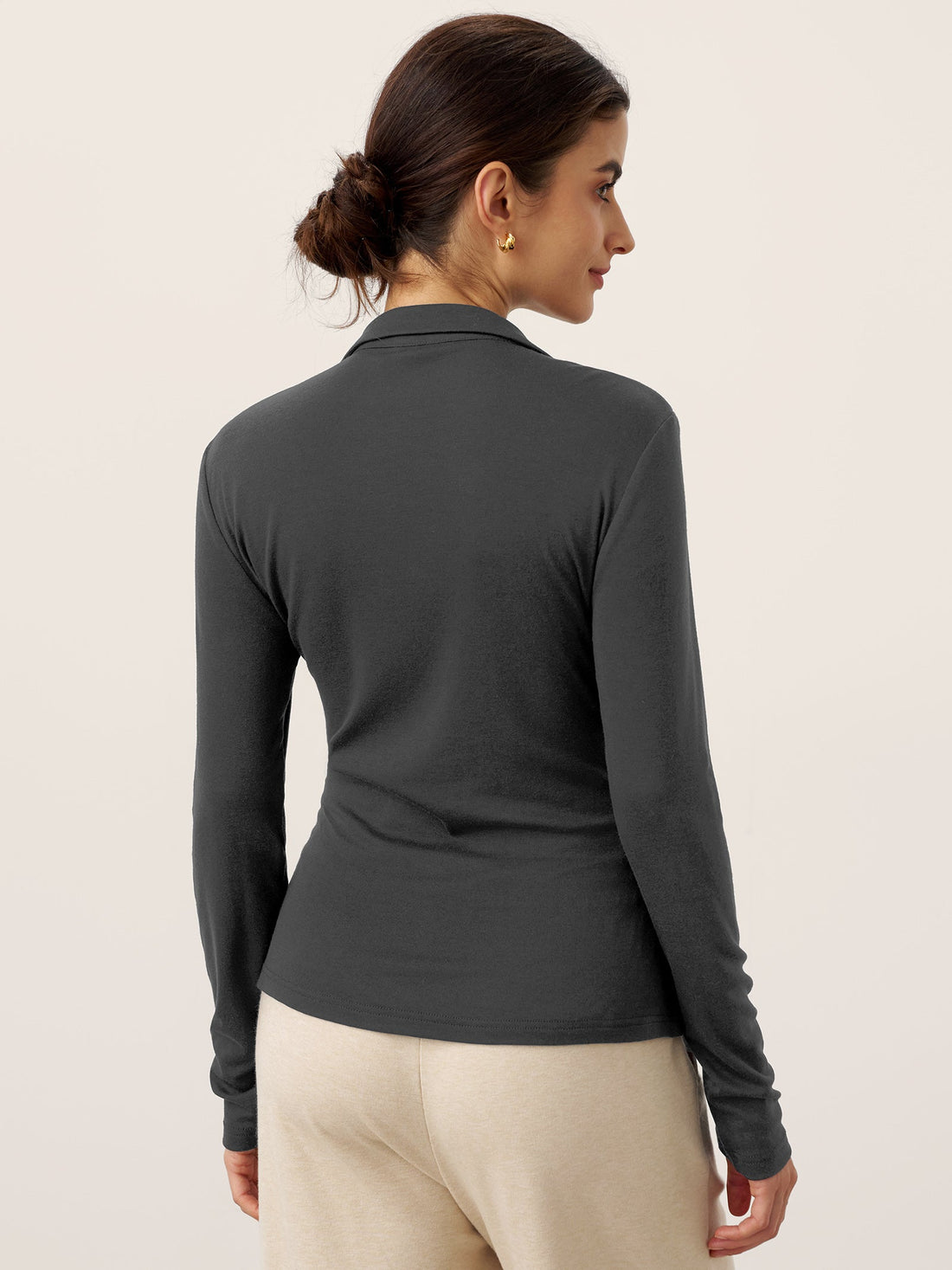 Wool Blend Pleated Stand Collar Jersey Top