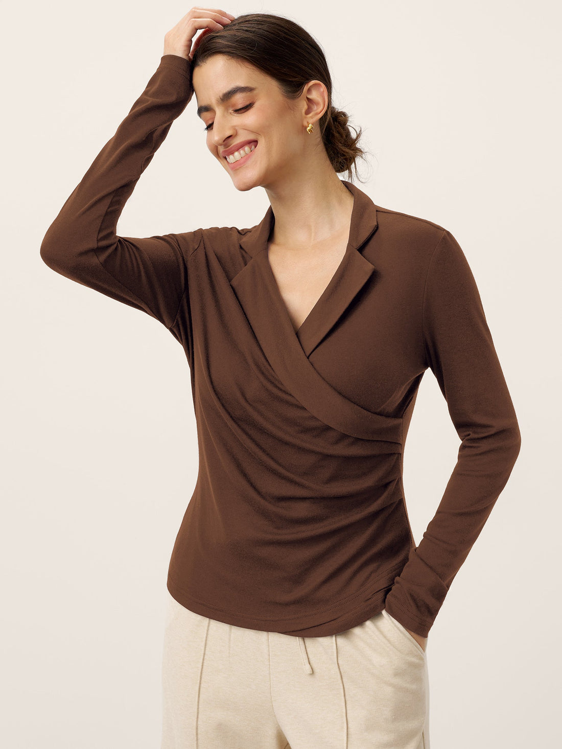 Wool Blend Pleated Stand Collar Jersey Top