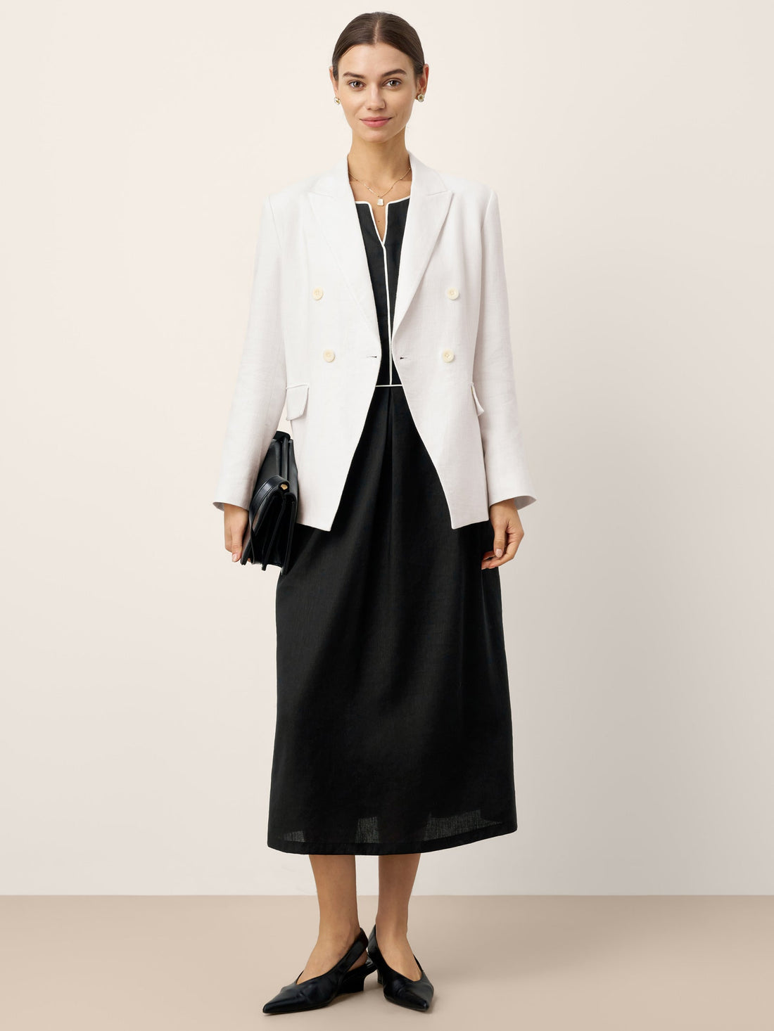 Linen Blend V-Neck Midi Dress with Pockets