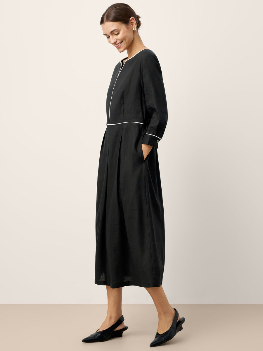 Linen Blend V-Neck Midi Dress with Pockets