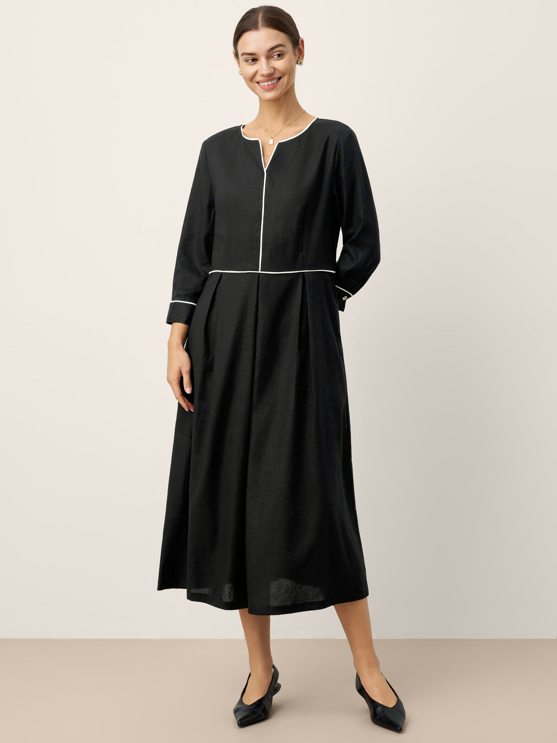 Linen Blend V-Neck Midi Dress with Pockets