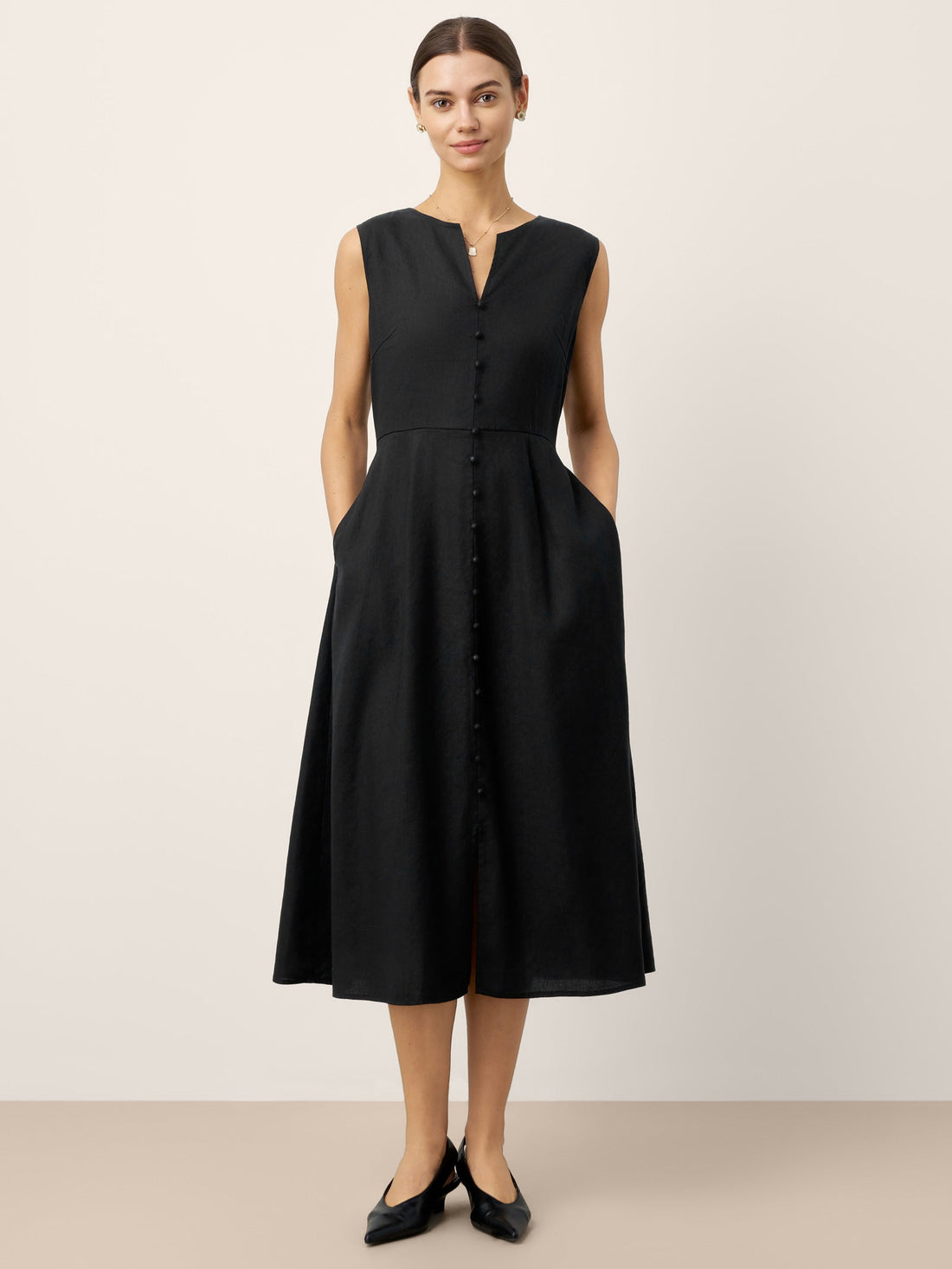 Linen Blend V-Neck Sleeveless Midi Dress