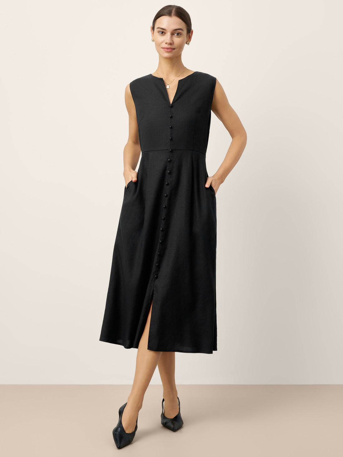 Linen Blend V-Neck Sleeveless Midi Dress