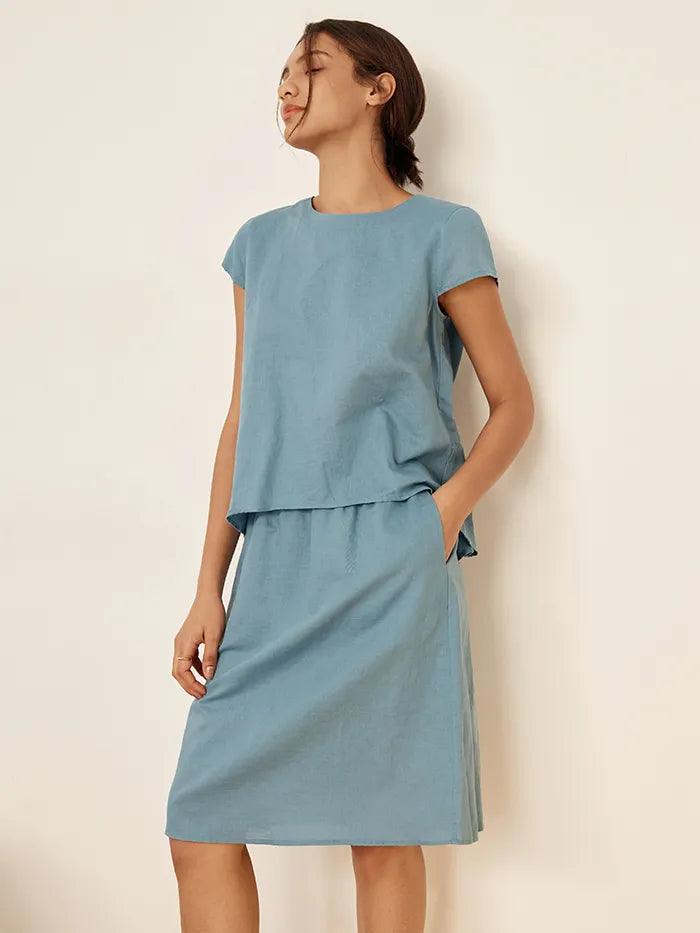 Linen Blend Round Neck Two-Piece Skirt Set