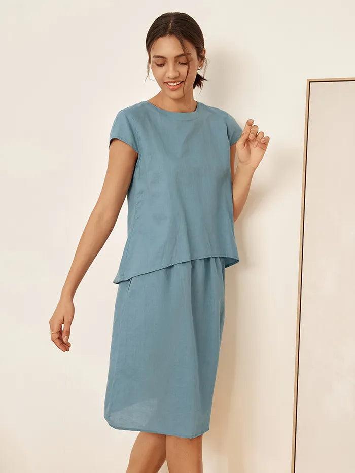 Linen Blend Round Neck Two-Piece Skirt Set