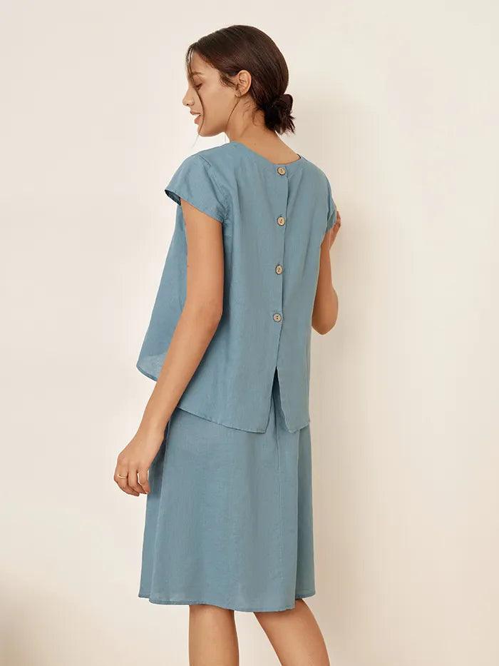 Linen Blend Round Neck Two-Piece Skirt Set