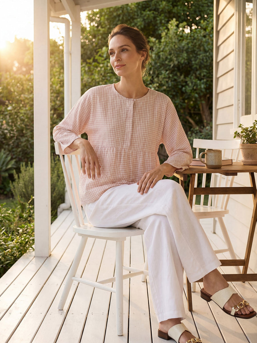 75% Linen Checked Ruched Round Neck Shirt