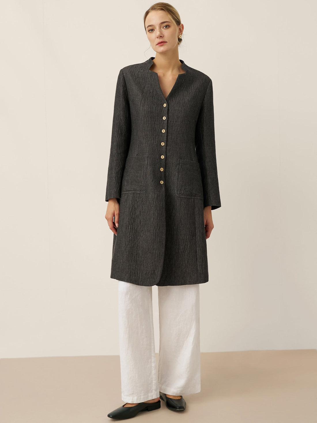 100% Linen Stand Collar Button-Up Shirt Jacket