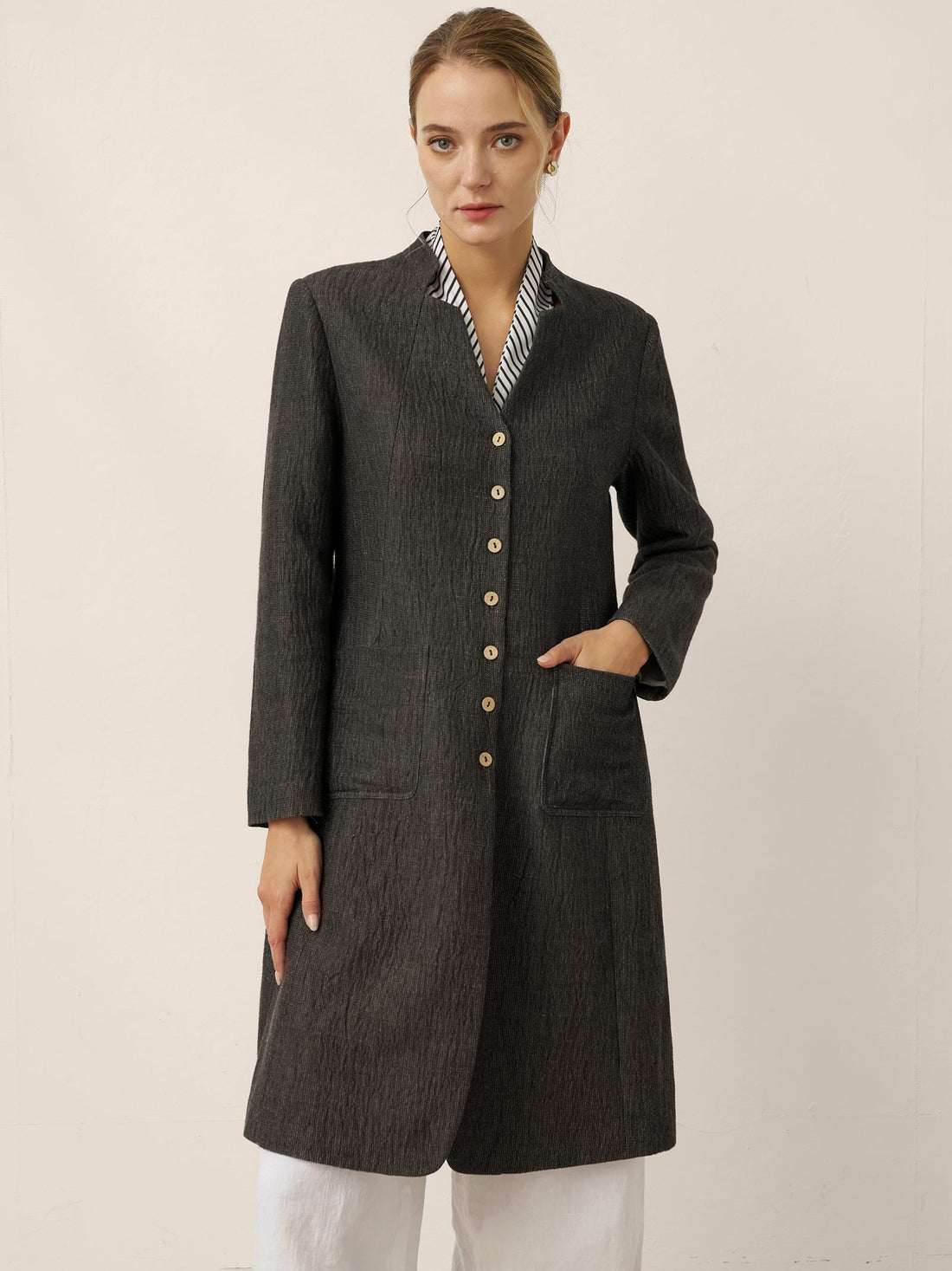 100% Linen Stand Collar Button-Up Shirt Jacket
