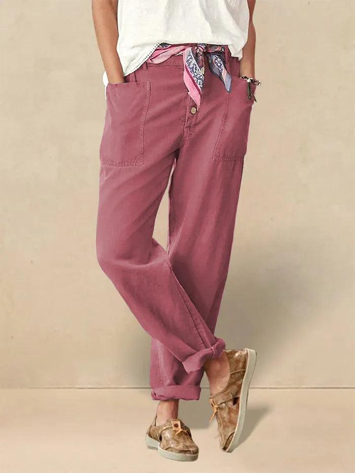 Linen Blend Patch-Pocket Straight-Leg Trousers
