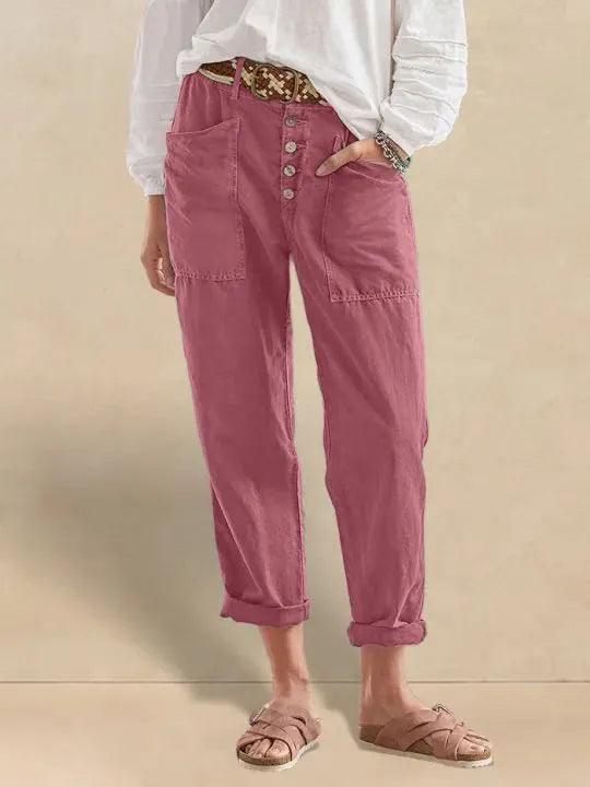 Linen Blend Patch-Pocket Straight-Leg Trousers