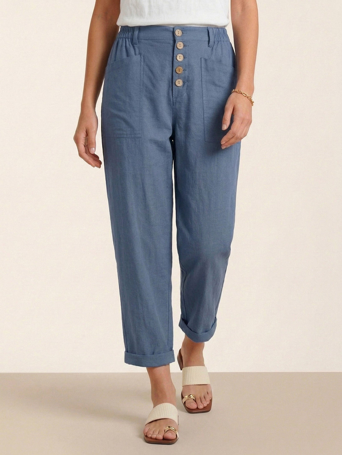 Linen-Blend Patch-Pocket Straight-Leg Trousers