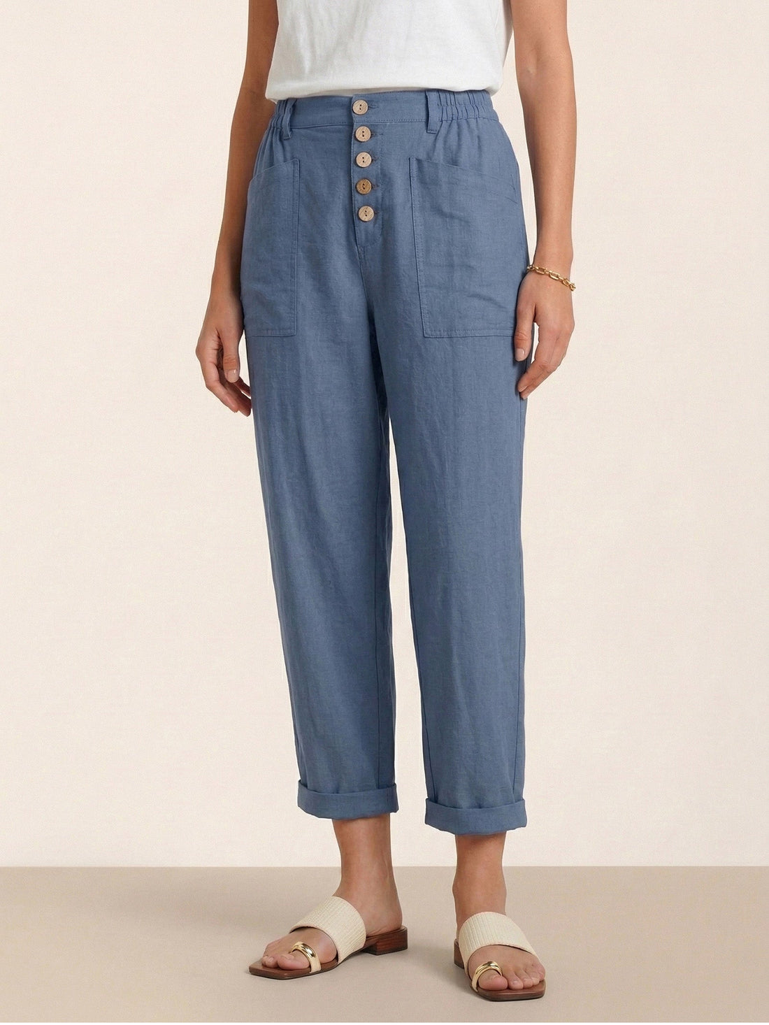 Linen-Blend Patch-Pocket Straight-Leg Trousers