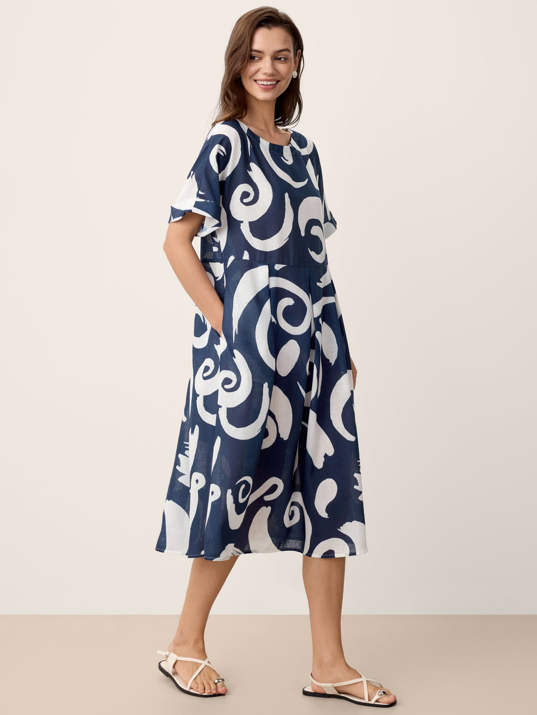 Linen Printed Straight Midi Dress