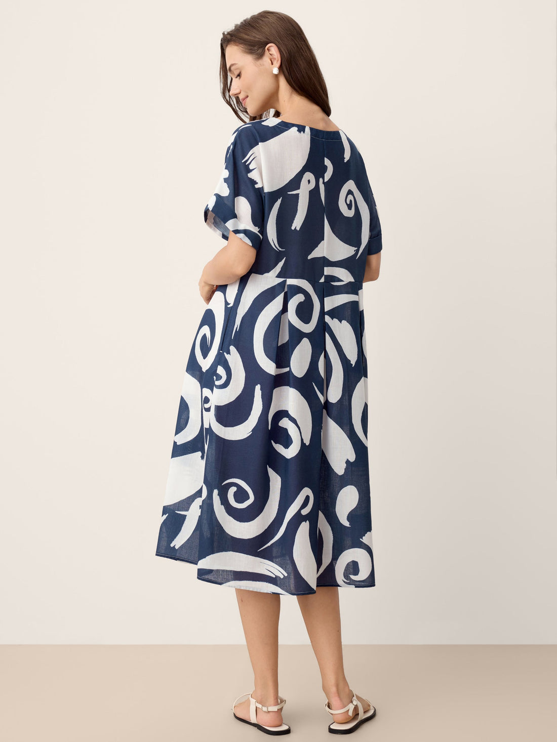 Linen Printed Straight Midi Dress