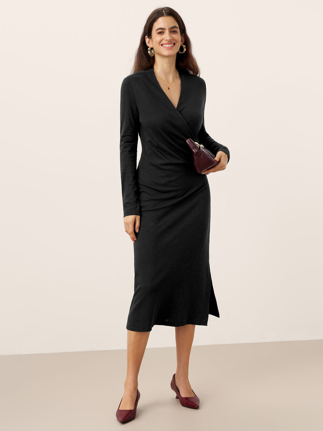 Linen-Blend Wrap V-Neck Midi Dress