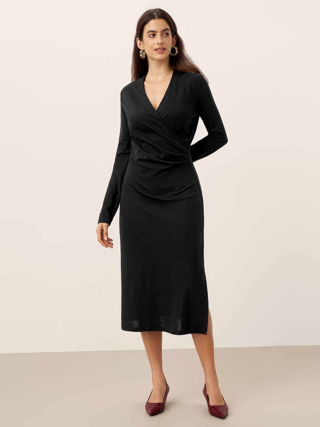 Linen-Blend Wrap V-Neck Midi Dress