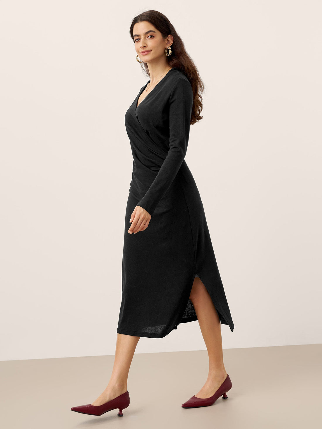 Linen-Blend Wrap V-Neck Midi Dress