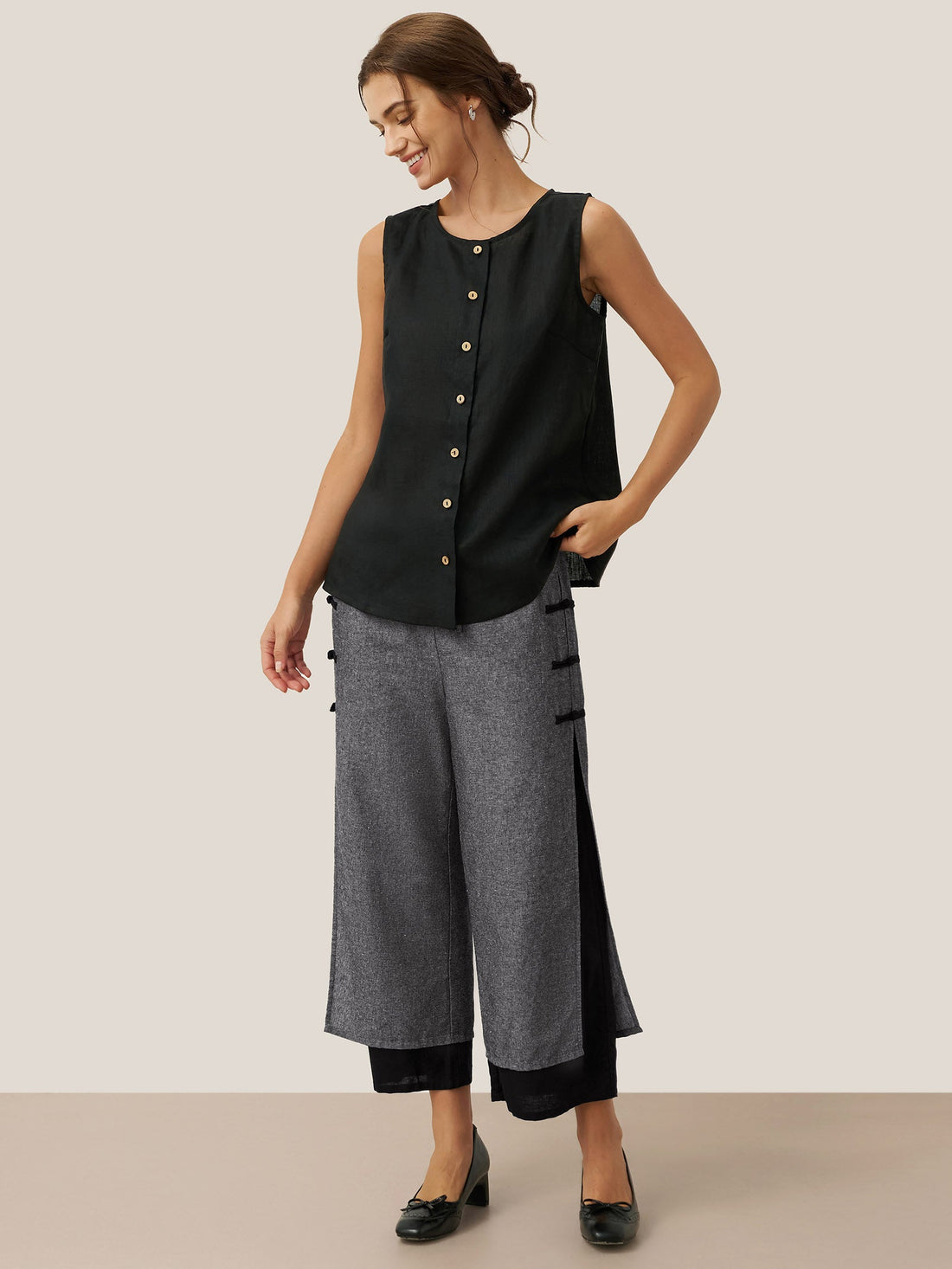 Linen Blend Straight-Leg Elastic Pants
