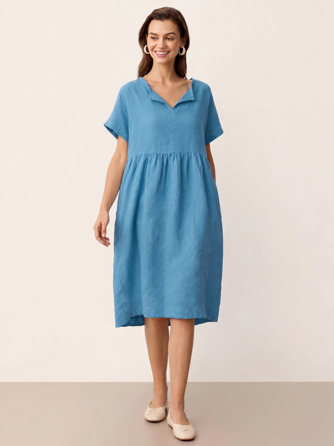 Linen Side-Pocket Short Sleeve Mini Dress