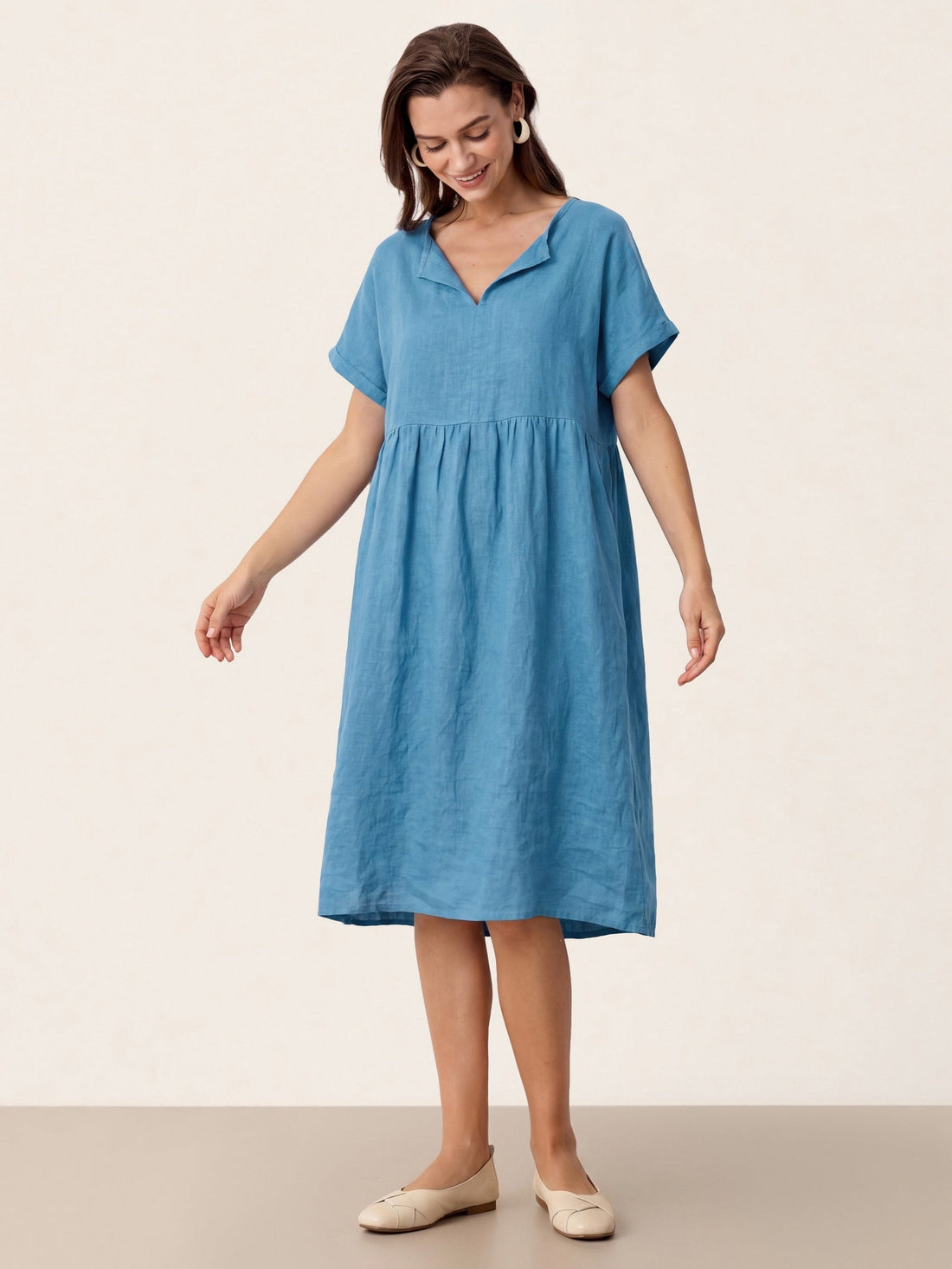 Linen Side-Pocket Short Sleeve Mini Dress