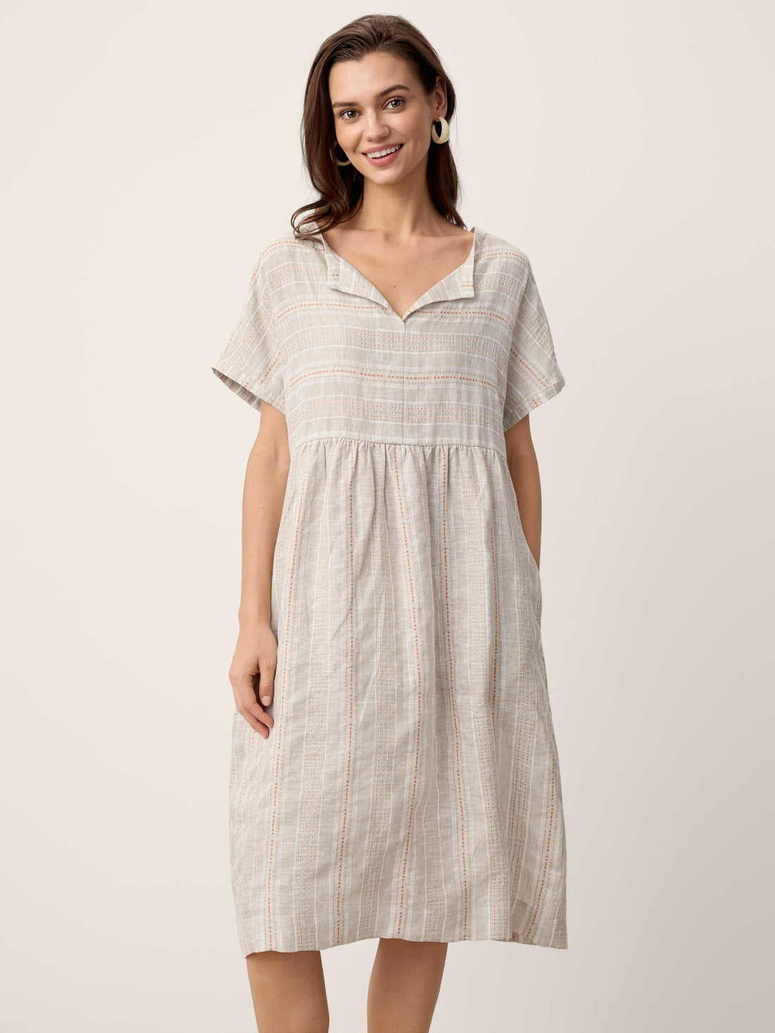 Linen Side-Pocket Short Sleeve Mini Dress