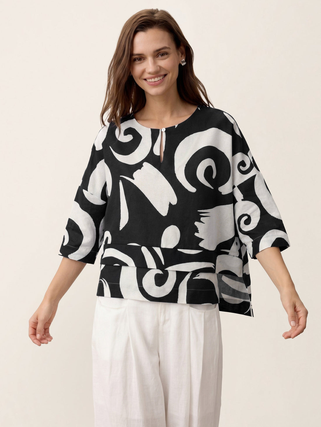 Linen Blend Round Neck Relaxed Top