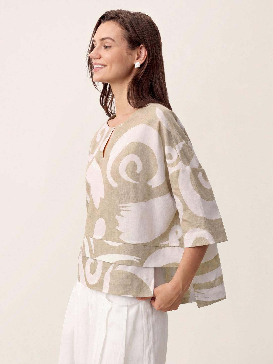 Linen Blend Round Neck Relaxed Top