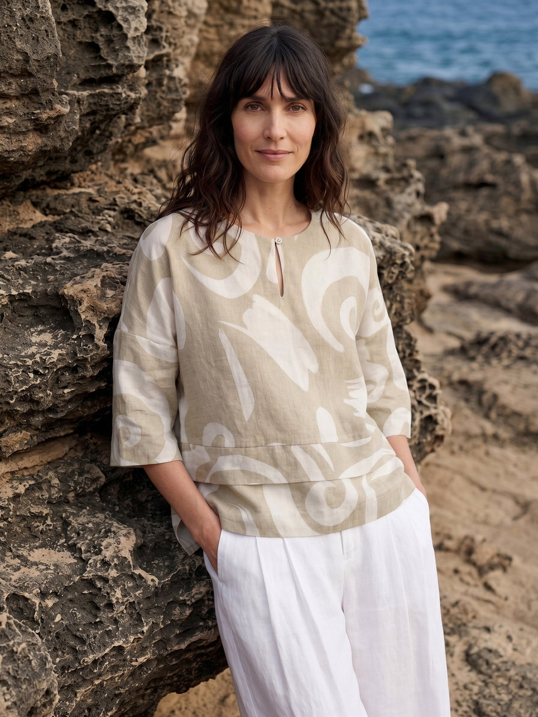 Linen Blend Round Neck Relaxed Top