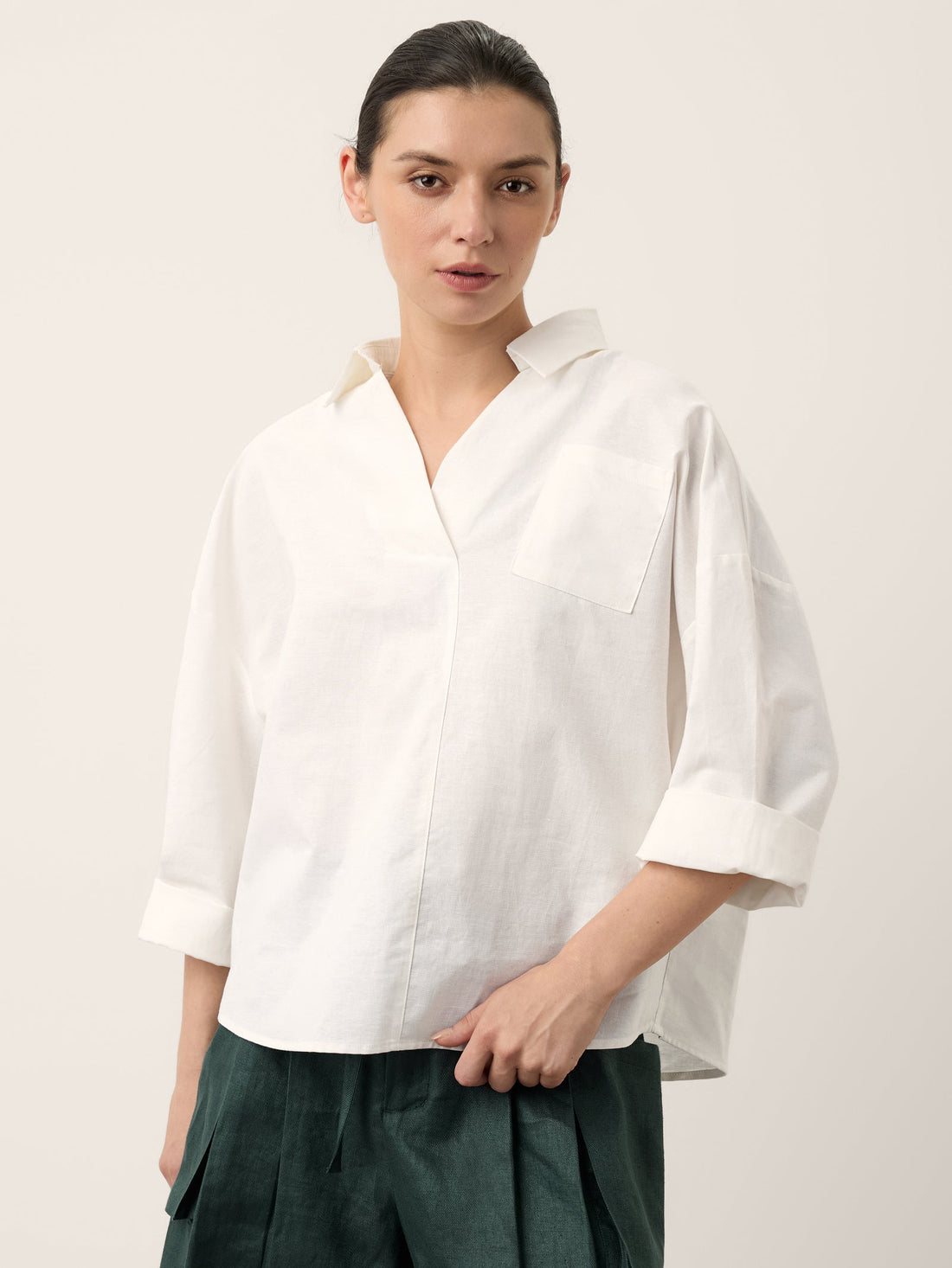 Linen Blend Relaxed Shirt Collar Shirt
