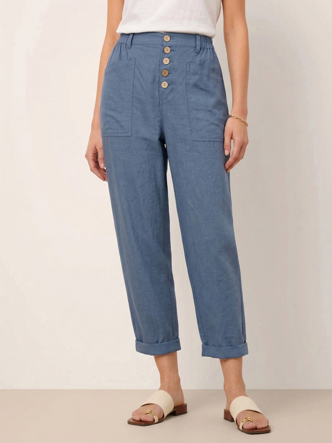 Linen Blend Patch-Pocket Straight-Leg Trousers