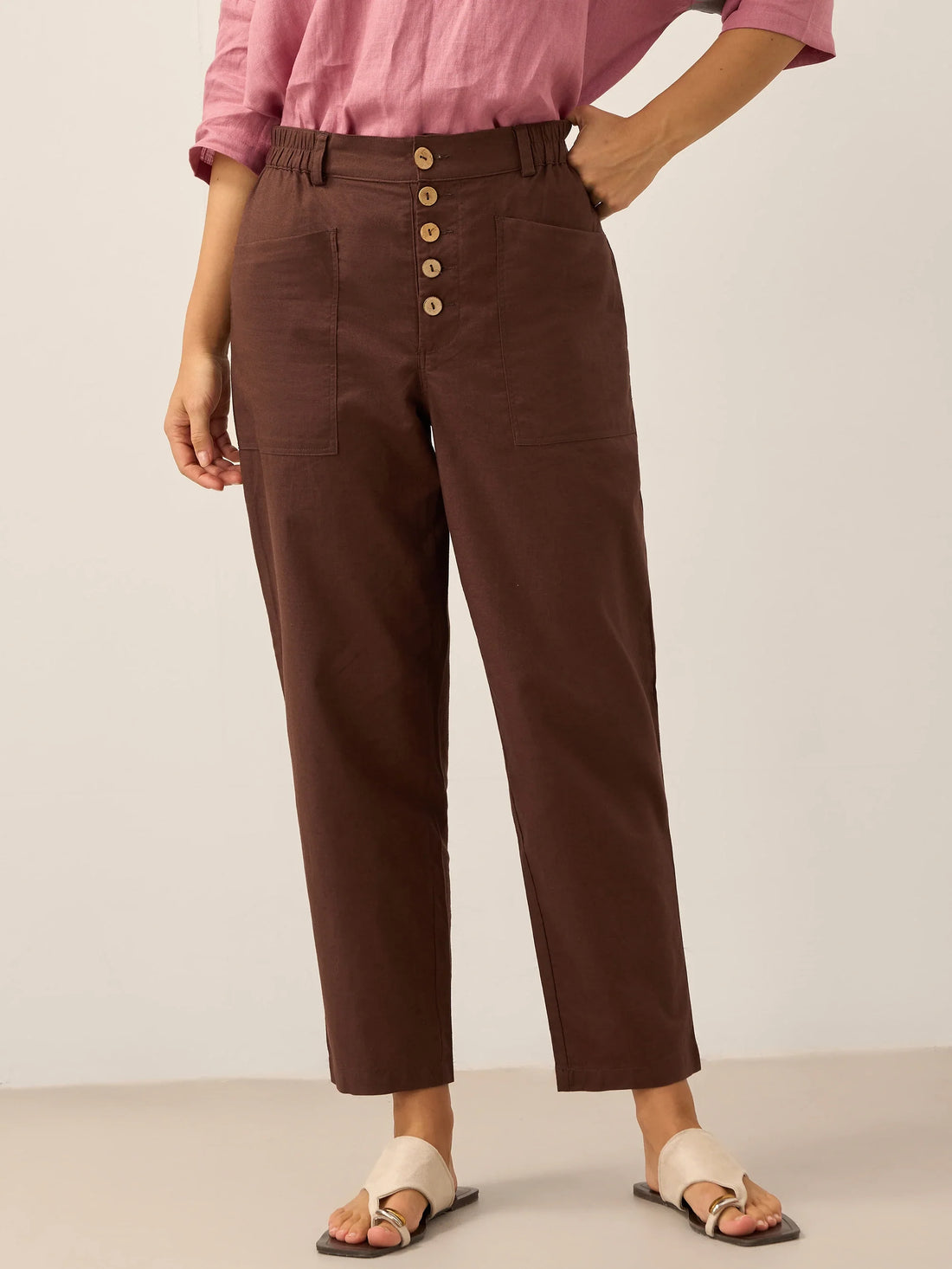 Linen Blend Patch-Pocket Straight-Leg Trousers