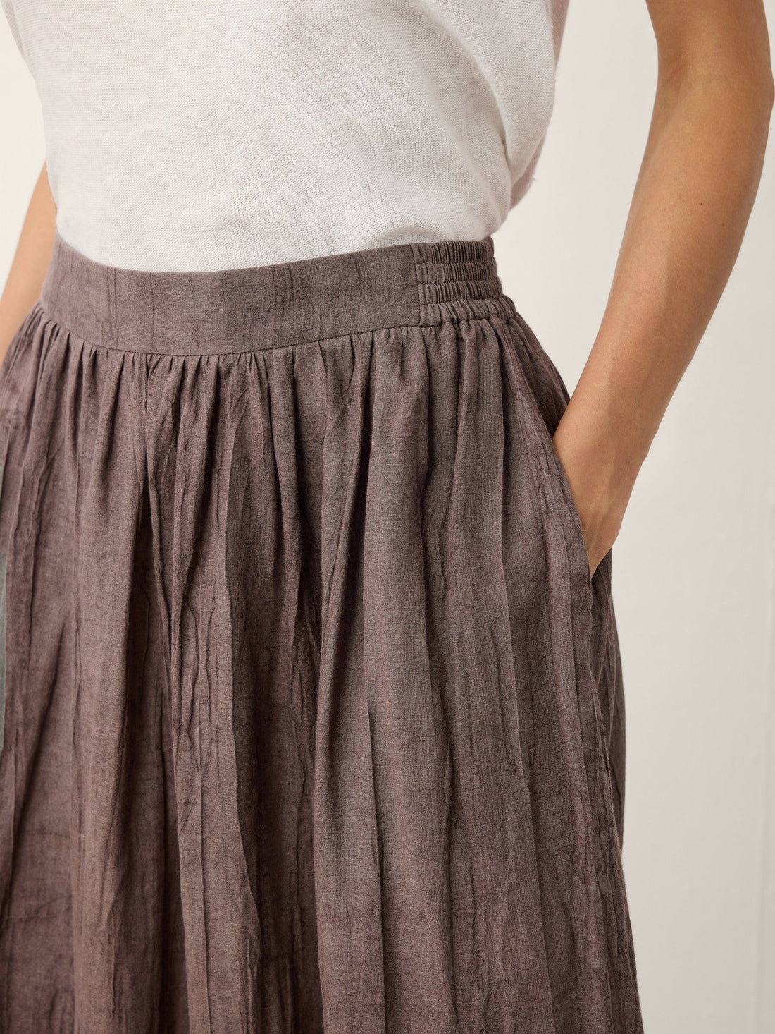 Ramie Lyocell Ruched Midi Skirt