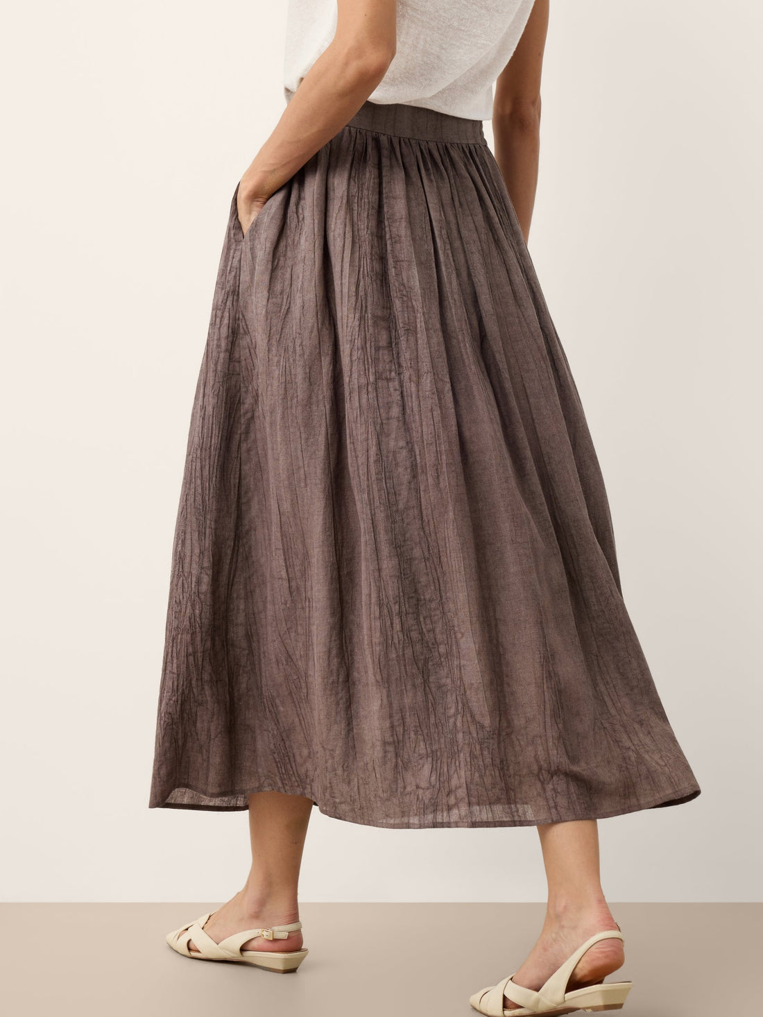 Ramie Lyocell Ruched Midi Skirt