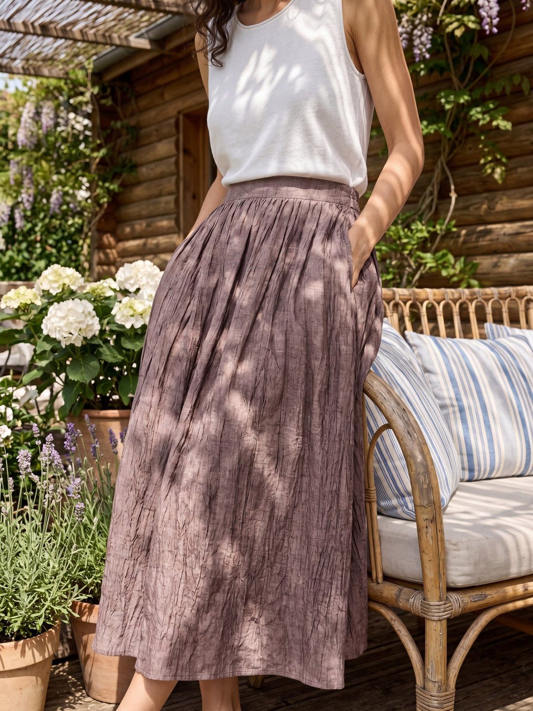 Ramie Lyocell Ruched Midi Skirt