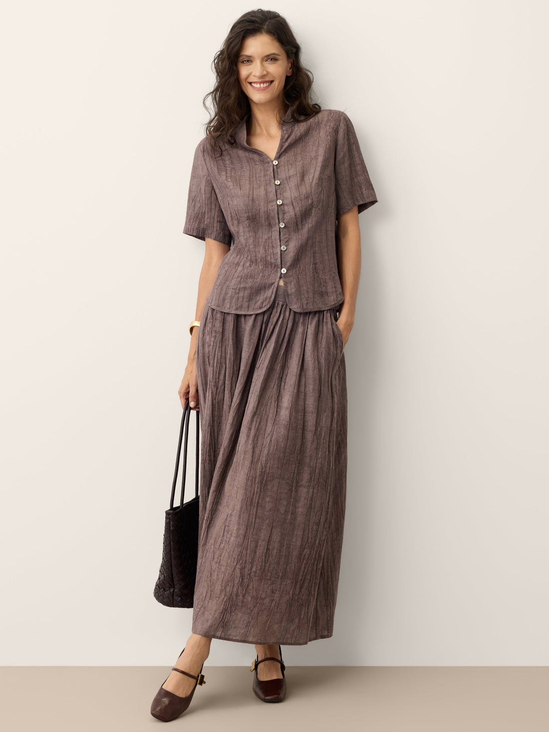 Ramie Lyocell Ruched Midi Skirt