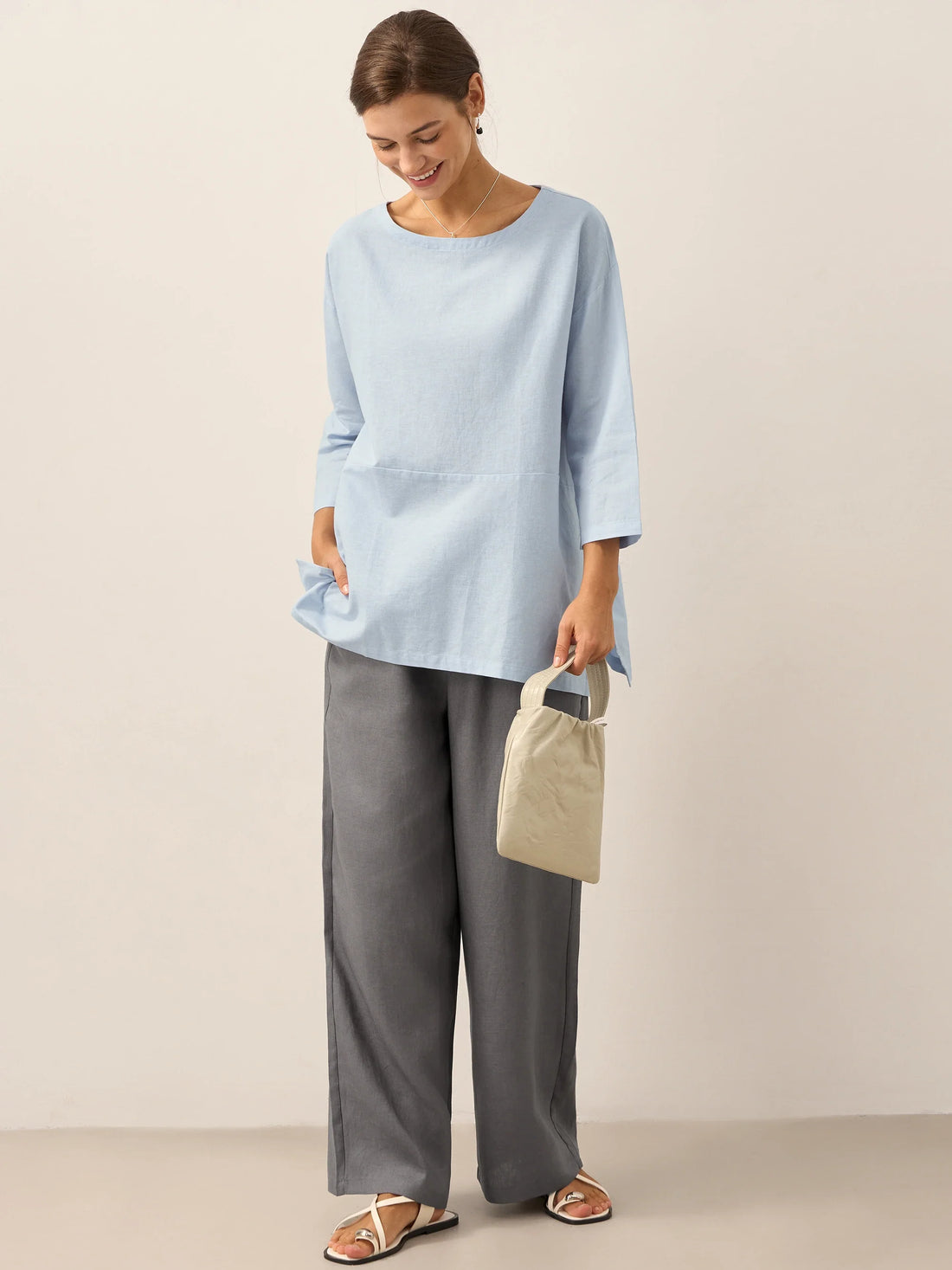 55% Linen Round Neck Straight-Fit Blouse
