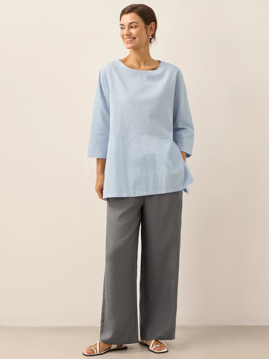 55% Linen Round Neck Straight-Fit Blouse