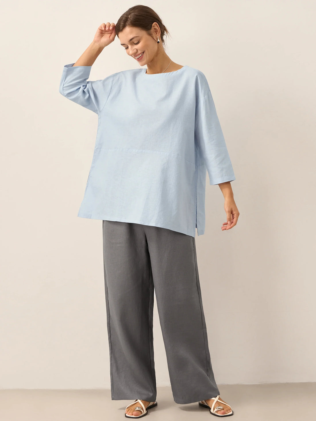 55% Linen Round Neck Straight-Fit Blouse