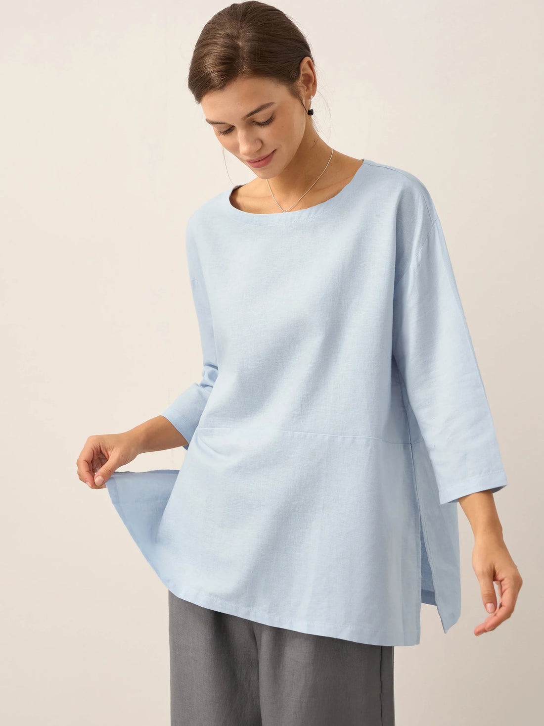 55% Linen Round Neck Straight-Fit Blouse