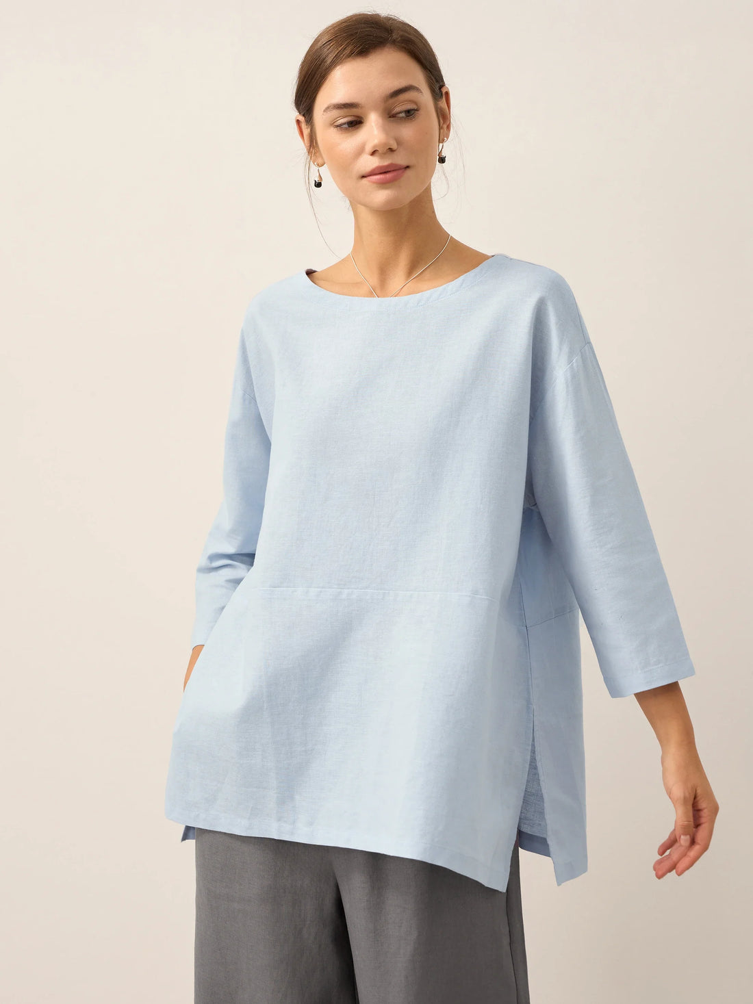 55% Linen Round Neck Straight-Fit Blouse