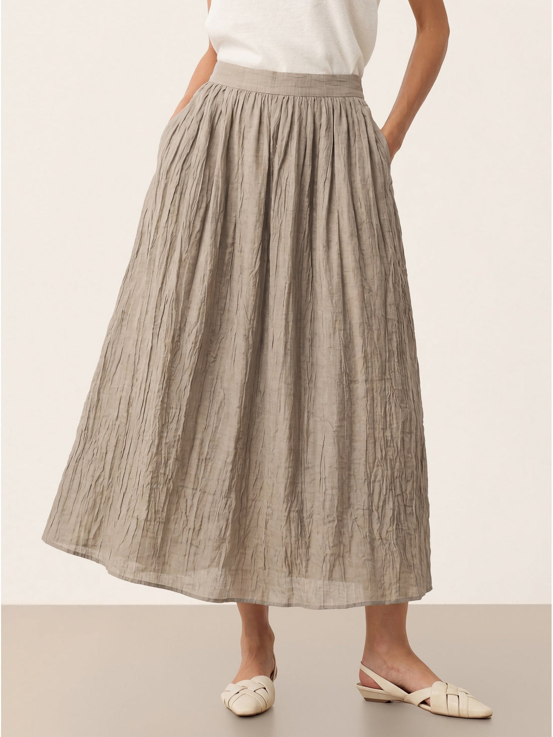 Ramie Lyocell Ruched Midi Skirt