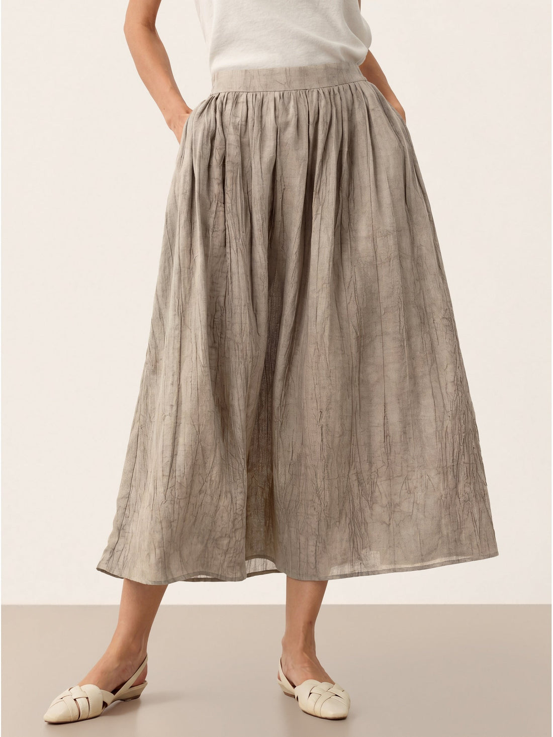 Ramie Lyocell Ruched Midi Skirt