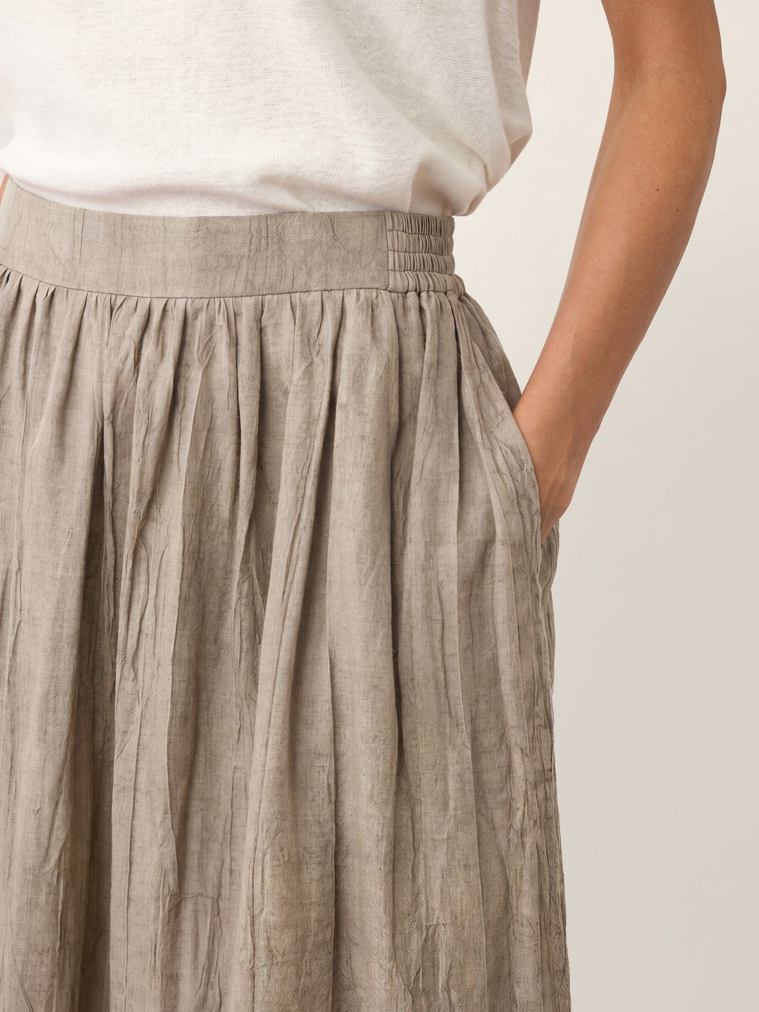 Ramie Lyocell Ruched Midi Skirt